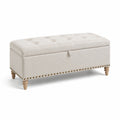 Banc de rangement en bois avec revêtement en lin beige