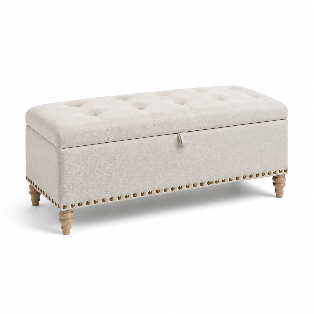 Banc de rangement en bois avec revêtement en lin beige