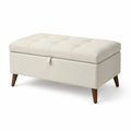 Banc de rangement en lin beige avec pieds en bois