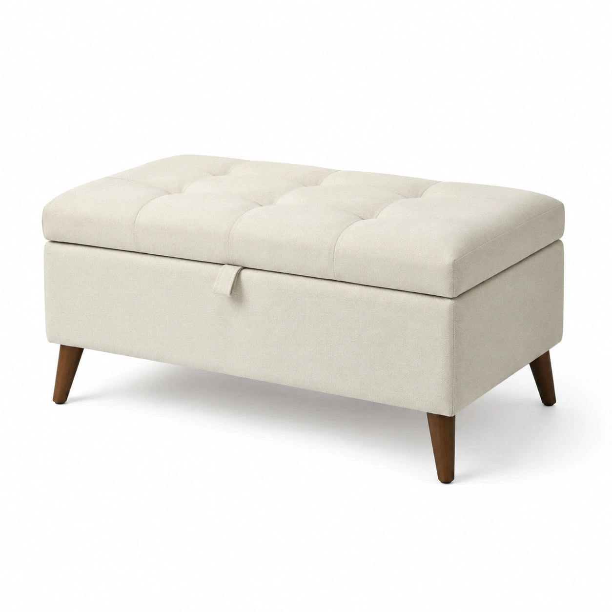 Banc de rangement en lin beige avec pieds en bois