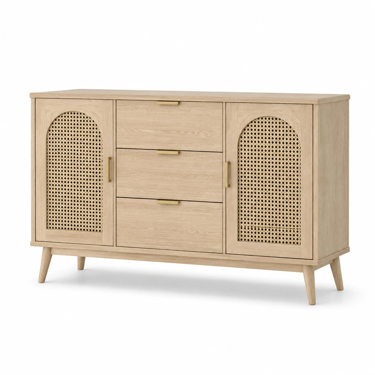 Buffet en bois de chêne et rotin avec trois tiroirs