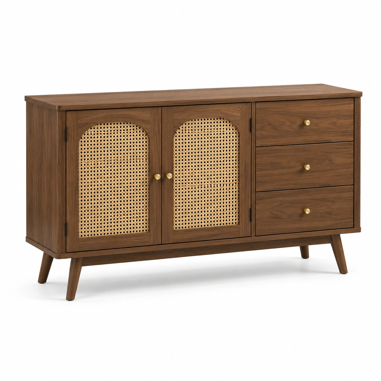 Buffet en bois et rotin avec tiroirs en noyer