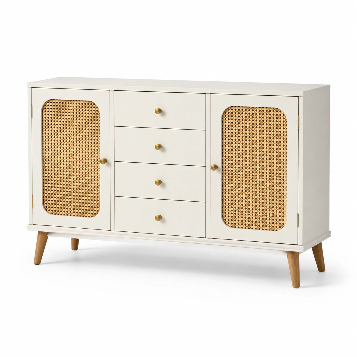Buffet en bois avec portes en rotin et tiroirs 120x40x80 cm