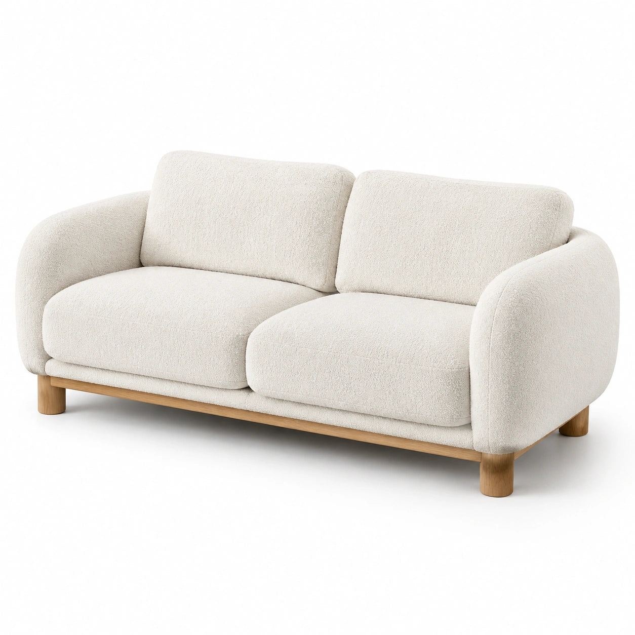 Canapé deux places en tissu bouclé blanc avec base en bois