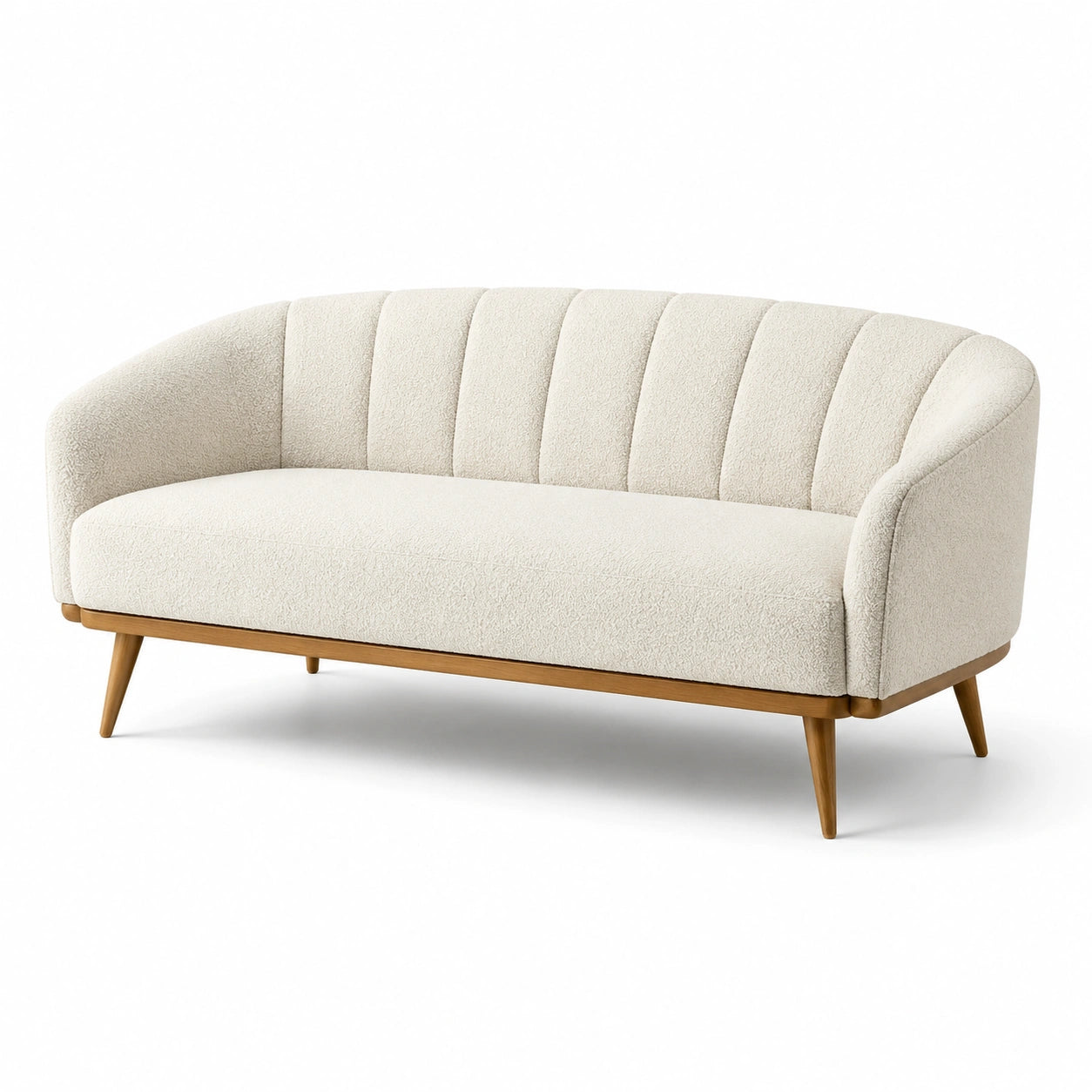 Canapé en tissu bouclé beige et bois massif