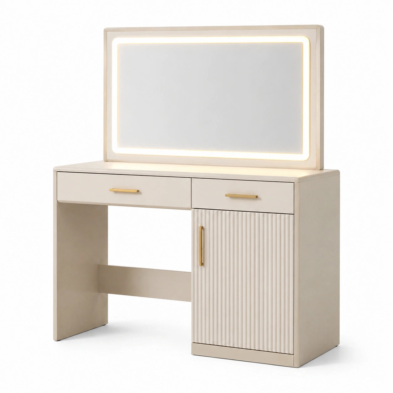 Coiffeuse en bois composite avec miroir LED et poignées en métal doré beige