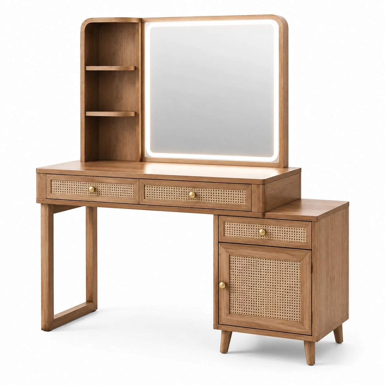 Coiffeuse en bois de chêne avec miroir LED et rangement en rotin