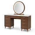 Coiffeuse en bois avec miroir LED rond et tiroirs - Noyer / Marbre