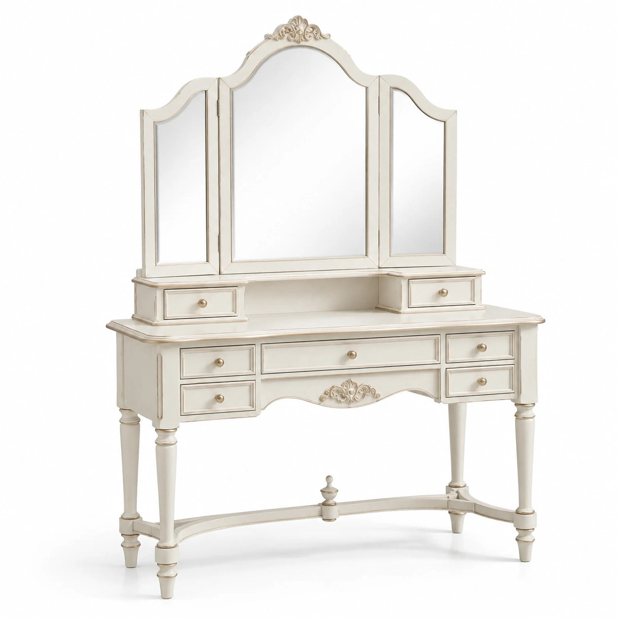 Coiffeuse en bois blanc crème avec trois miroirs