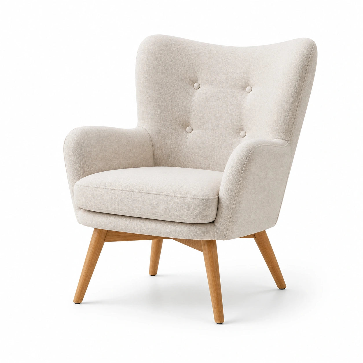 Fauteuil en tissu polyester beige avec pieds en chêne