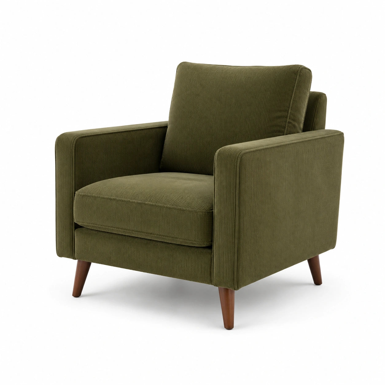 Fauteuil en velours côtelé vert olive avec pieds en bois massif