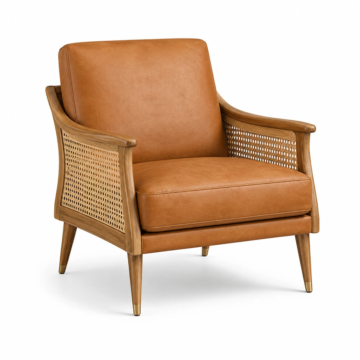 Fauteuil en cuir marron avec rotin et chêne 70x75x90cm