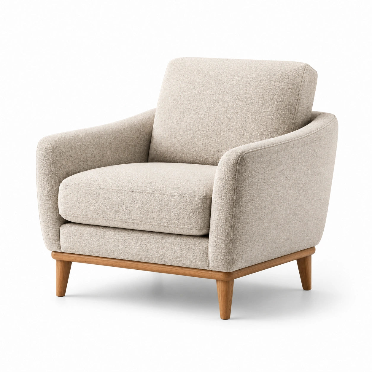 Fauteuil en tissu beige avec base en bois