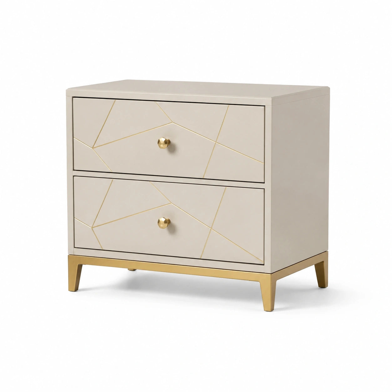 Table de chevet en bois avec deux tiroirs en acier inoxydable beige et or