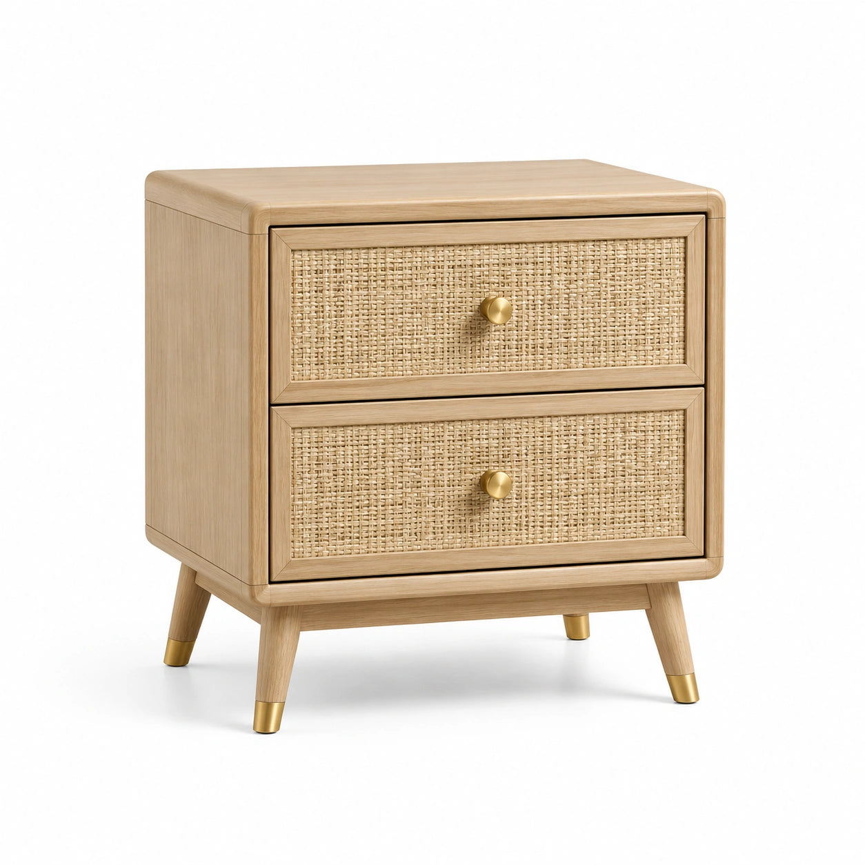 Table de chevet en bois avec tiroirs en rotin