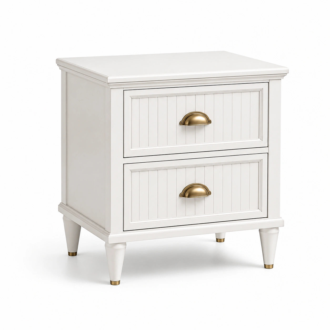 Table de chevet en bois avec poignées en métal doré, blanc